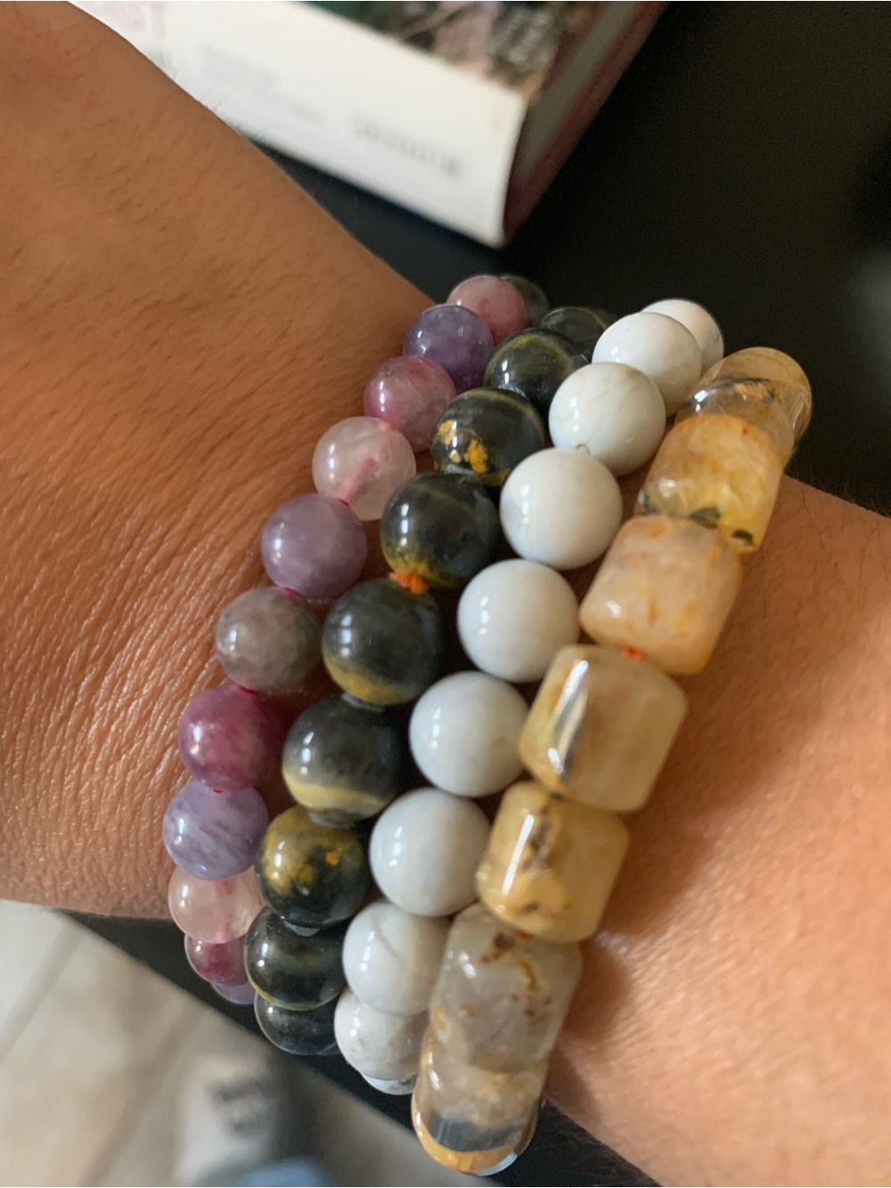 Natural Stone Beaded Stretch Bracelet Stack - White, Black, Purple, Gold Tones